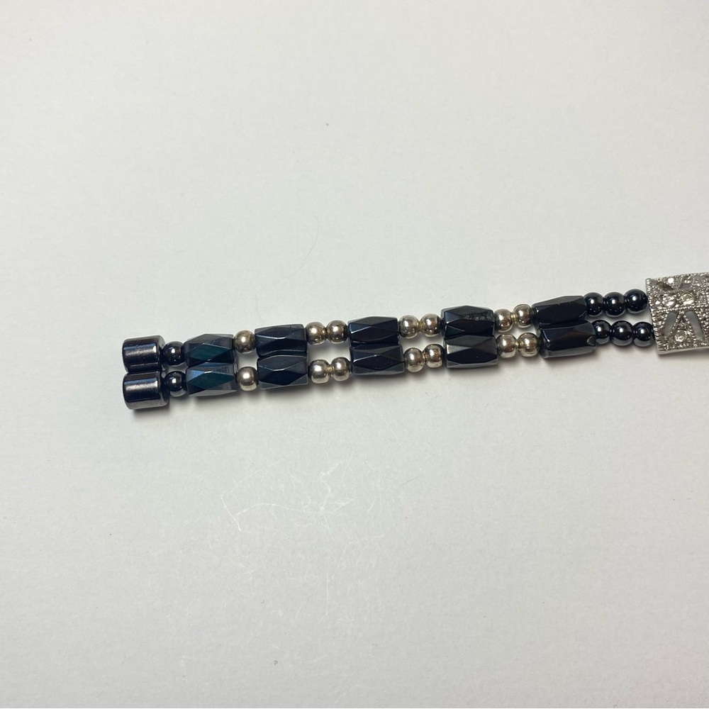 Art Deco Style Silver Tone Rhinestone Double Strand Magnetic Hematite Bracelet‎ - Picture 9 of 9